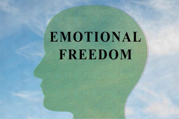 Render illustration of EMOTIONAL FREEDOM title on head silhouette, with cloudy sky as a background.